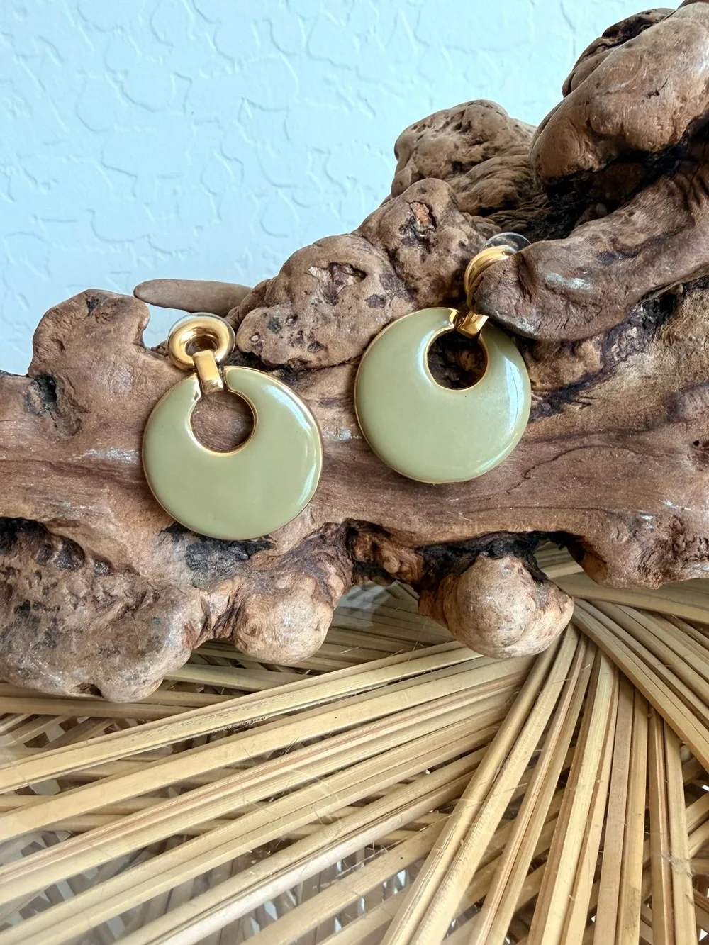 Vintage Green Enamel Gold Door knocker Drop Earrings